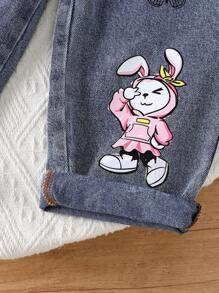 SHEIN 2pcs/Set Young Girl Cartoon Rabbit Graphic Short Sleeve Shirt And Pants Set - Multicolor - View 5