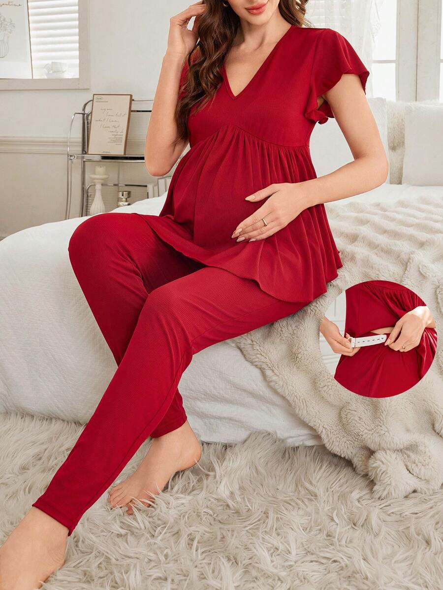 孕妇睡衣套装，新款夏季 V 领抽绳简约宽松短袖上衣和紧身长裤 - 酒紅色 - 查看 1