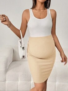 SHEIN Solid Beige Maternity Pencil Skirt- Comfortable And Stretchy Ribbed Knit Skirt For Everyday Wear