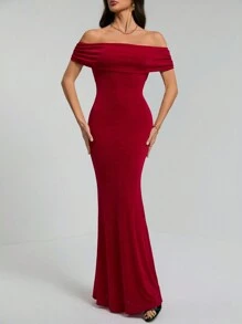 SHEIN Tall Summer Women's Solid Color One-Shoulder Sexy See-Through Elegant Fishtail Backless Tight Graduation Dress Long Skirt