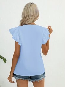 SHEIN Clasi Women's Plain V-Neck Ruffled Short Sleeve Casual Blouse - Blue - View 2