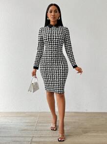 Fleurora Vestido de oficina, iglesia, informal y elegante de talla grande para primavera y verano. Vestido de tweed con estampado de pata de gallo, cuello de camisa, para mujer de talla grande