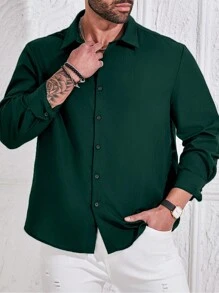Manfinity Homme Men Plus Size Solid Color Long Sleeve Single-Breasted Casual Shirt, Fall - Dark Green - View 4