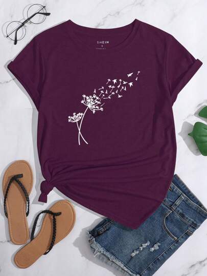 INAWLY Women's Dandelion Print Short Sleeve T-Shirt Graphic Tees Women Tops