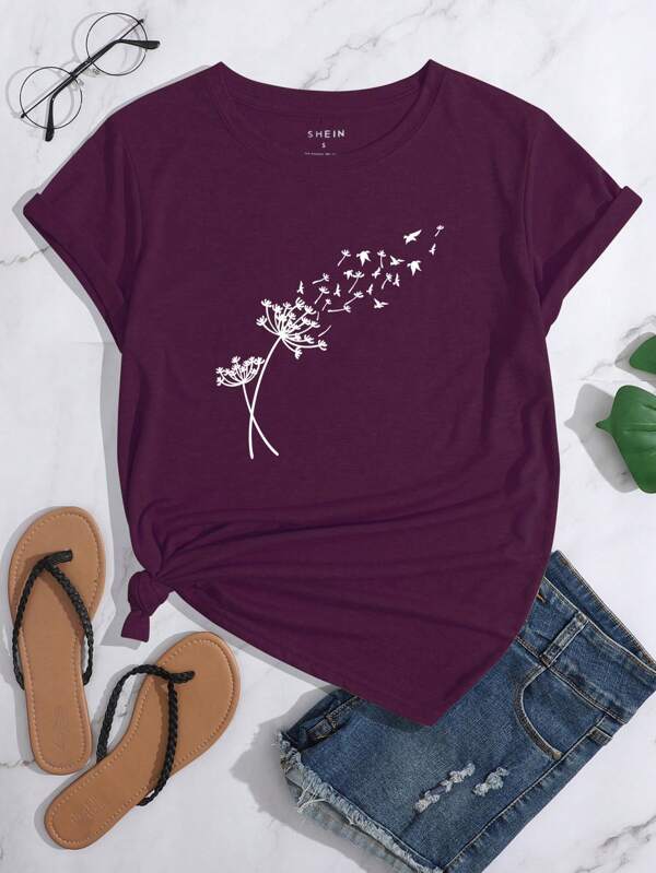 INAWLY Women's Dandelion Print Short Sleeve T-Shirt Graphic Tees Women Tops