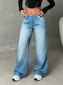 EURMUSE Slant Pocket Low Waist Vintage Wash Wide Leg Jean - Medium Wash - View 5