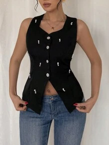 SHEIN Unity 女士优雅珍珠纽扣不对称下摆衬衫 - 黑色 - 查看 5