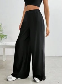 SHEIN EZwear 女士纯色休闲裤，简约时尚，适合日常穿着 - 黑色 - 查看 4
