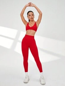 SHEIN Sport Studio Red Open Back Sports Bra And Leggings Set For Women, Yoga Fitness Workout
