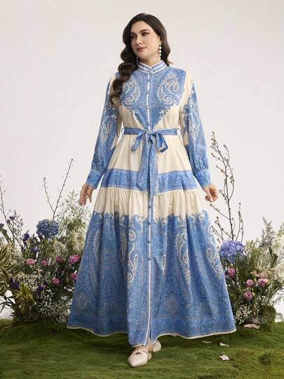 Graceveil Robe élégante à manches longues, à simple boutonnage, à taille avec imprimé floral pour femmes grandes tailles