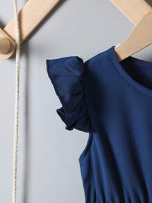 Young Girl Round Neck Cap Sleeve Colorblock Mid-Length Dress - Multicolor - View 4