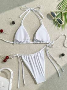 SHEIN Swim Set de 2 piezas de traje de baño para mujer con parte superior de escote en V con atar halter y Bottom de bikini con atar a los lados, estampado de verano y sexy