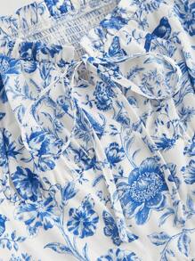 SHEIN MOD Blue & White Floral Puff Sleeve Asymmetrical Ruffle Hem Dress,Valentines Clothes,Spring Women Outfits,Valentines Women Outfit,Rave Festival Outfits,Spring Dress,Bachelorette Outfits