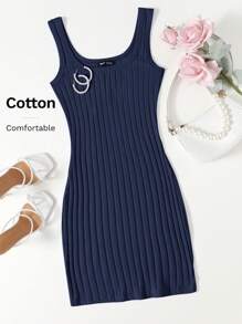 SHEIN Essnce Rib-knit Bodycon Dress - Navy Blue - View 6