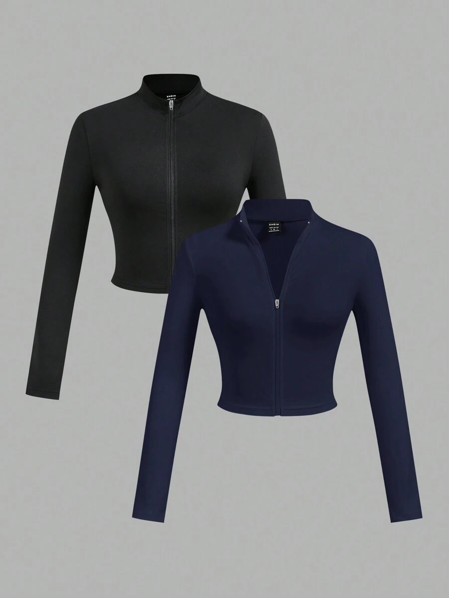 Slaydiva 2 Stücke Damen einfache lässige Herbst-Winter Stretch T-Shirts mit halber Reißverschluss, V-Ausschnitt und langem engen Ärmel, weiß und schwarz