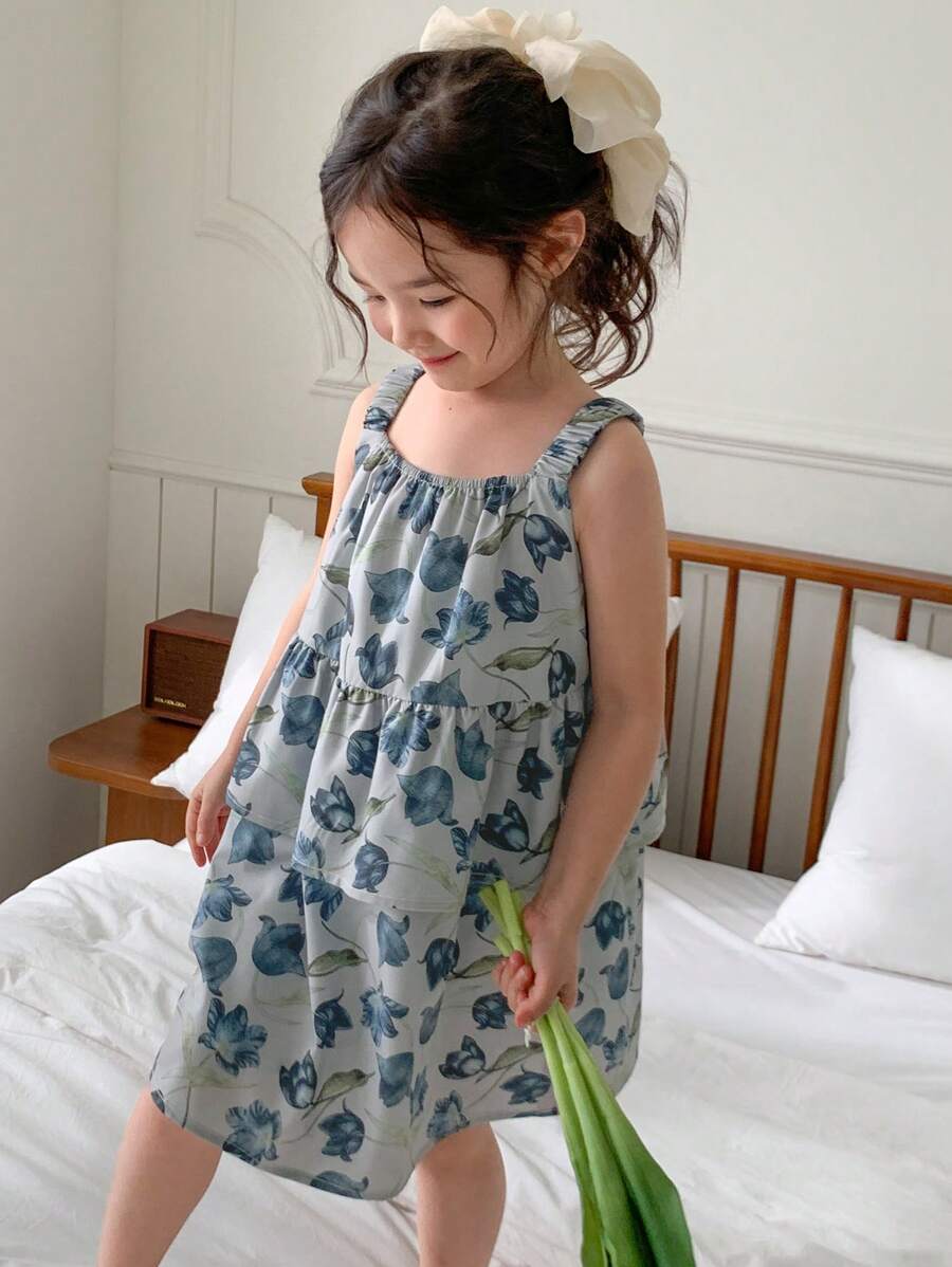 DAZY Floral Print Ruffle Hem Slip Dress For Young Girls,Girls Summer Outfits - Grey - View 1