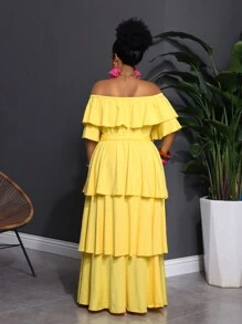 Slaydiva Plus Size Women 2025 New  Butter Yellow Arrival Casual Daily Beach Off Shoulder Layered Ruffle Belted Dress, Suitable For Spring/Summer - Yellow - View 13