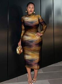 Slaydiva Pinselstrich bedrucktes lässiges minimalistisches Design Bodycon-Kleid in großen Größen mit Langarm