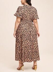 Comfylo Vestidos de verão plus size femininos com estampa de leopardo e manga bufante - Multicolorido - Ver 2
