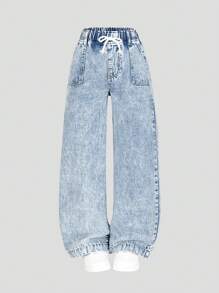 Tween Girls' Casual Light Blue Elasticated Waist Bow Decor Denim Wide Leg Jeans With Pockets - Light Wash - View 3