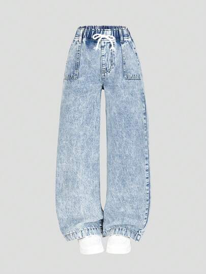 Tween Girls' Casual Light Blue Elasticated Waist Bow Decor Denim Wide Leg Jeans With Pockets