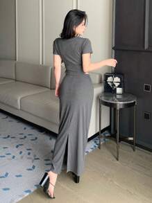 Joudiya Women's 2 Pieces Set: Solid Color Fitted Short Sleeve Top And Skirt Lounge Sets For Women - Grey - View 5