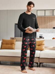Men's Letter Print Long Sleeve Top And Lip Print Long Pants Pajama Set - Black - View 5