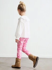 SHEIN 年轻女孩花卉印花粉色弹性腰带弹力针织紧身裤，风格可爱 - 粉色 - 查看 3