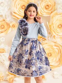 SHEIN Leap Crew Tween Girl 优雅荷叶边领长袖上衣和裙子 2 件套 - 藍色 - 查看 1