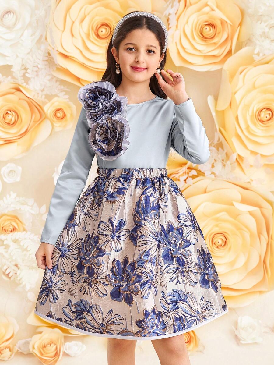 SHEIN Leap Crew Tween Girl 优雅荷叶边领长袖上衣和裙子 2 件套 - 藍色 - 查看 1
