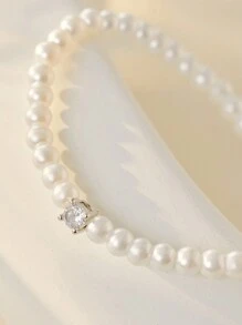 1 pieza Pulsera de mujer con cuentas, estilo vintage francés, con incrustaciones de rhinestones y perlas falsas, para banquetes, fiestas, regalos a amigas