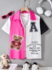 SHEIN Mädchen Tweens Slogan Cartoon Bär Kurzarm Hemd mit Knopfleiste - Pink - Übersicht 1