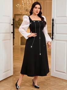 Modelyn Plus Size Elegant Party Color Block Embellished With Rhinestones Dress - Black and White - View 6