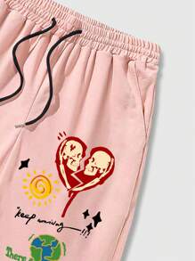ROMWE MEN Street Life Men's Casual Streetwear Printed Capri Sweatpants - Pink - View 7