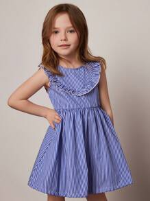 PrepCrw Young Girls' Fitted Round Neck Woven Dress, Blue Color, Spring/Summer - Blue and White - View 3