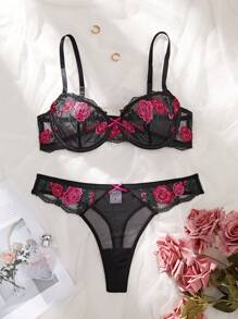 2pcs Women Black & Burgundy Floral Embroidery Lingerie Set