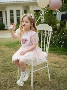 SHEIN Young Girls' Puff Sleeve Heart Decor Mesh Puff Sleeve Short Sleeve T-Shirt, Comfortable Round Neck, Cute & Fashionable, Spring & Summer