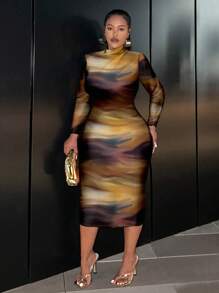 Slaydiva Pinselstrich bedrucktes lässiges minimalistisches Design Bodycon-Kleid in großen Größen mit Langarm