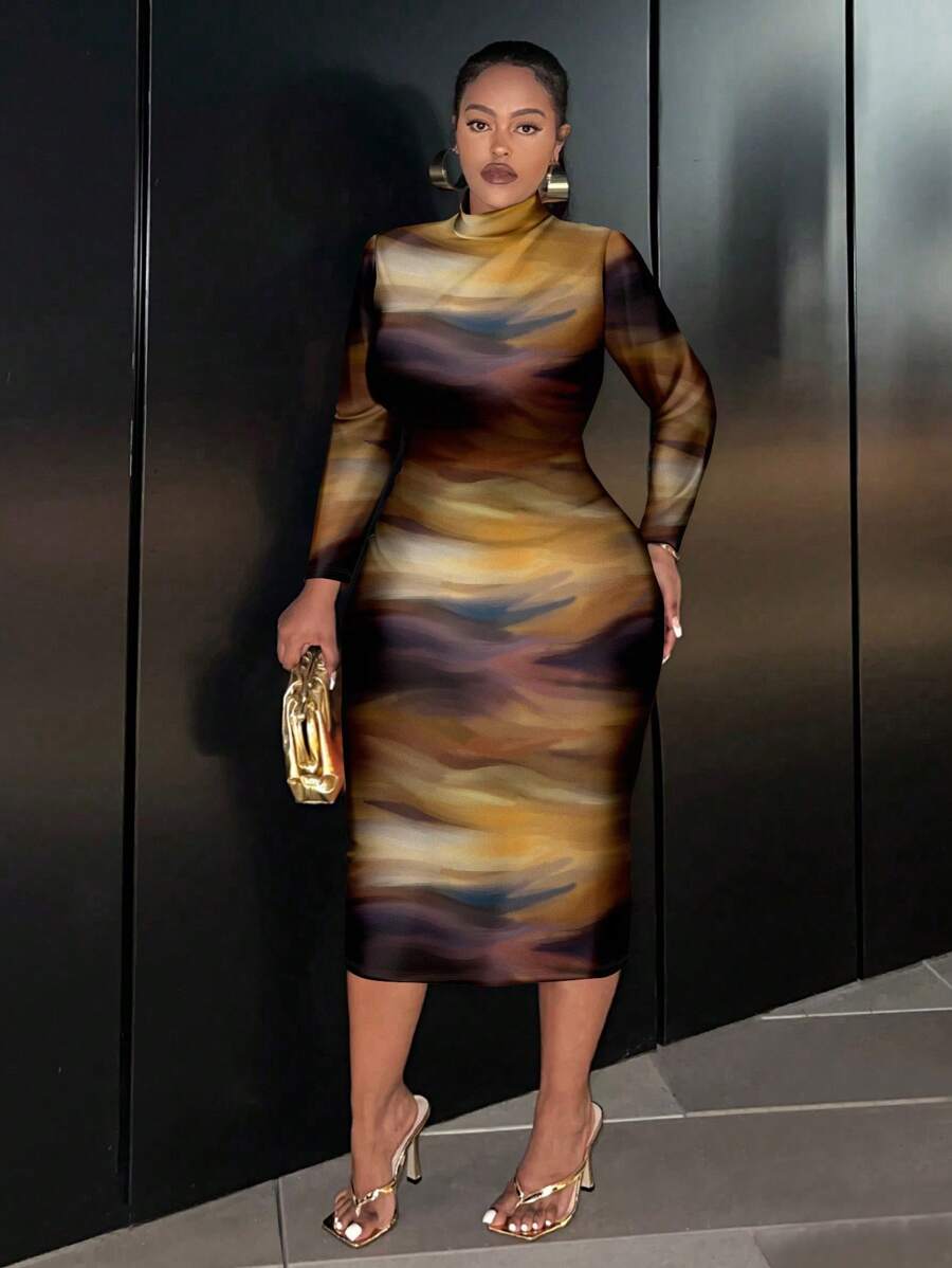 Slaydiva Pinselstrich bedrucktes lässiges minimalistisches Design Bodycon-Kleid in großen Größen mit Langarm