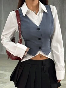 StreetHx Damen Lässig Kontrast Farbe 2 in 1 Bluse - Weiss - Übersicht 5