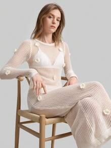 Ontre Vestido largo de punto con decoración de flor 3D hueca para mujer 2025, sofisticada flor 3D, vestido tipo capa para resort de primavera/verano, vestido de resort de primavera/verano, elegante y romántico - Blanco - Ver 3