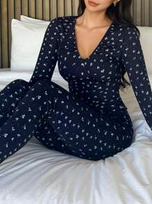 DAZY 女士碎花V领长袖上衣和裤子修身睡衣套装，秋冬服装 - 藏蓝色 - 查看 8