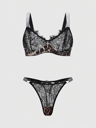 Grunge Punk Conjunto de lencería sexy con sujetador tipo bralette y tanga con estampado de leopardo, cordones de encaje, correas elásticas y letras en estilo gótico oscuro y feral Y2K