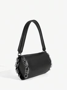 SHEIN ICON 女士单肩包，流浪包，时尚，个性，简约，百搭，街头风，甜美酷炫女孩，辣妹，千禧一代，铆钉，朋克，金属环扣装饰，黑色，青少年 - 黑色 - 查看 2