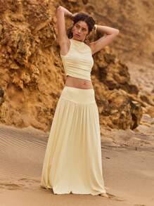 Aralina 外出夏季褶皱纯色休闲背心 - 黃色 - 查看 6