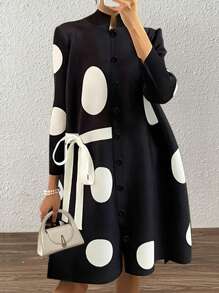 Xyvia 女式立领圆点系带纽扣设计连衣裙