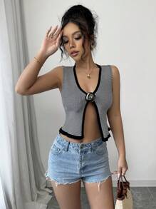 Chiquease Damen Gestricktes Crop Top, gestreifter Kontrastfarben sexy Blumen Muster Tank Top