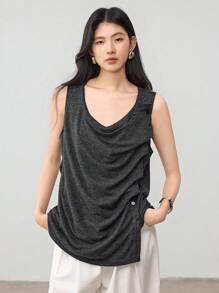 Dazy-Less Linen Design Sense Button Waist Tie Sleeveless Vest Women T-Shirt Old Money Style Business Casual Women - Dark Grey - View 8