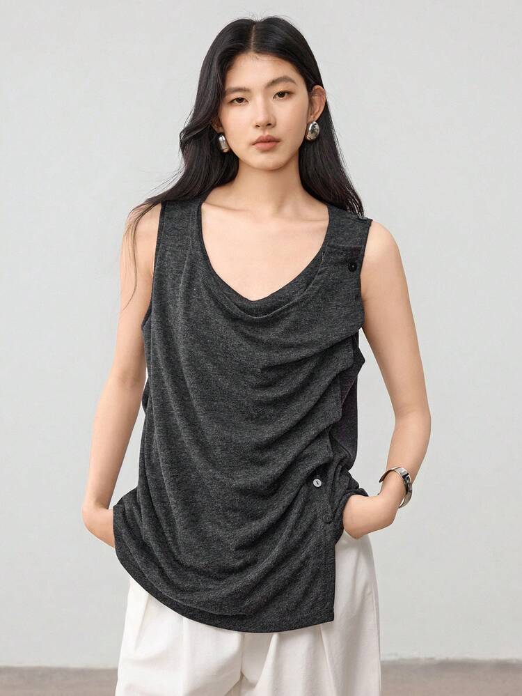 Linen Design Sense Button Waist Tie Sleeveless Vest Women T-Shirt Old Money Style Business Casual Women