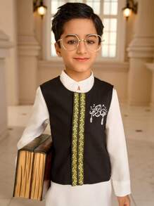 SHEIN 2pcs Muslim Kid Outfit - Shirt And Vest Set, Little Gentleman Muslim Boys White Robe Suit, Muslim Stand Collar Shirt For Boys Aged 4-7 Years
